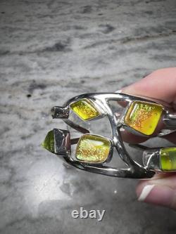 Artisan Made Sterling Silver Bracelet, Dichroic Glass, Peridot, Citrine, Cuff