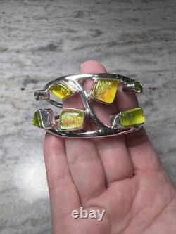 Artisan Made Sterling Silver Bracelet, Dichroic Glass, Peridot, Citrine, Cuff