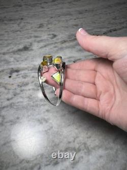 Artisan Made Sterling Silver Bracelet, Dichroic Glass, Peridot, Citrine, Cuff
