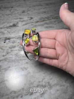 Artisan Made Sterling Silver Bracelet, Dichroic Glass, Peridot, Citrine, Cuff