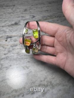 Artisan Made Sterling Silver Bracelet, Dichroic Glass, Peridot, Citrine, Cuff