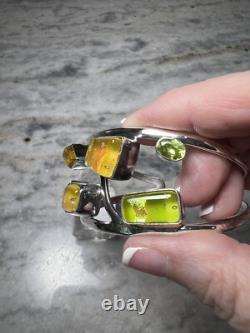 Artisan Made Sterling Silver Bracelet, Dichroic Glass, Peridot, Citrine, Cuff