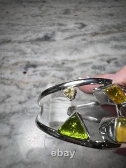 Artisan Made Sterling Silver Bracelet, Dichroic Glass, Peridot, Citrine, Cuff