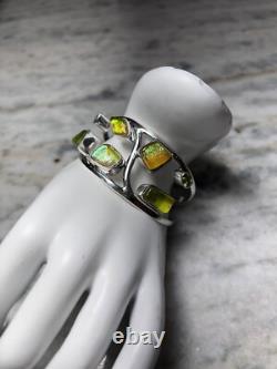 Artisan Made Sterling Silver Bracelet, Dichroic Glass, Peridot, Citrine, Cuff