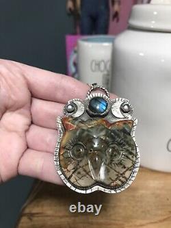 Artisan Made Sterling Silver Jasper Labradorite Owl Pendant by Night Gypsy