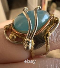 Artisan-Made Sterling Silver Over Brass Copper Green Chalcedony Adjustable Ring