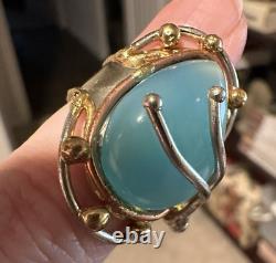 Artisan-Made Sterling Silver Over Brass Copper Green Chalcedony Adjustable Ring