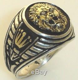 Artisan made 10 Karat Gold Roman lion Crown sterling silver signet ring