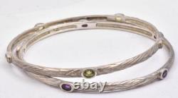 Artist made Sterling Silver Peridot & Amethyst pair of slip on Bangle Bracelets