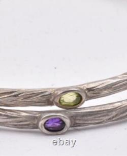 Artist made Sterling Silver Peridot & Amethyst pair of slip on Bangle Bracelets