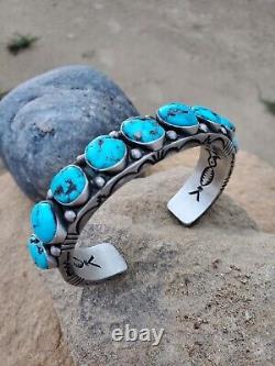 Authentic Navajo-made Sterling Silver Mens 9 Stone Kingman Turquoise Bracelet
