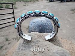 Authentic Navajo-made Sterling Silver Mens 9 Stone Kingman Turquoise Bracelet