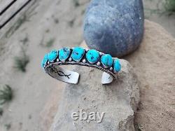 Authentic Navajo-made Sterling Silver Mens 9 Stone Kingman Turquoise Bracelet