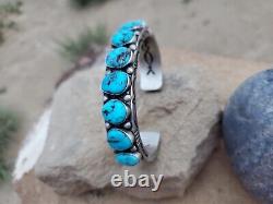 Authentic Navajo-made Sterling Silver Mens 9 Stone Kingman Turquoise Bracelet