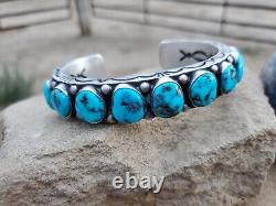 Authentic Navajo-made Sterling Silver Mens 9 Stone Kingman Turquoise Bracelet