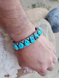 Authentic Navajo-made Sterling Silver Mens 9 Stone Kingman Turquoise Bracelet