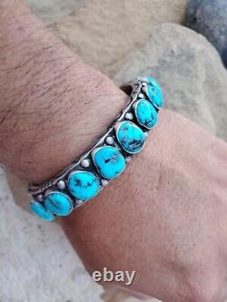 Authentic Navajo-made Sterling Silver Mens 9 Stone Kingman Turquoise Bracelet