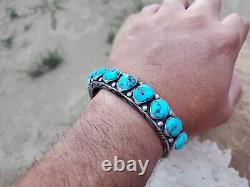 Authentic Navajo-made Sterling Silver Mens 9 Stone Kingman Turquoise Bracelet