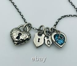 Barbara Klar Hand Made Sterling Silver 4 Padlock Heart Charm Pendants Necklace