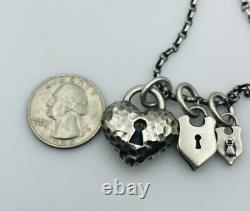 Barbara Klar Hand Made Sterling Silver 4 Padlock Heart Charm Pendants Necklace