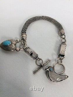 Beautiful Vtg Artisan Hand Made sterling Silver 925 Heart Bird Toggle bracelet