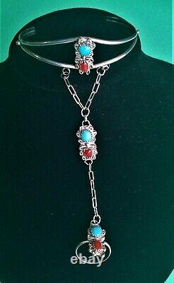 Beautiful Well Made Vintage Sterling Silver Turquoise & Coral Slave Bracelet