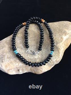 Black Onyx Blue Turquoise Navajo Sterling Silver Necklace 18 10022