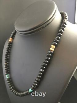 Black Onyx Blue Turquoise Navajo Sterling Silver Necklace 18 10022