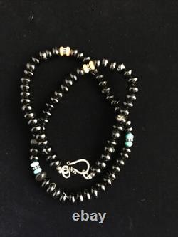 Black Onyx Blue Turquoise Navajo Sterling Silver Necklace 18 10022
