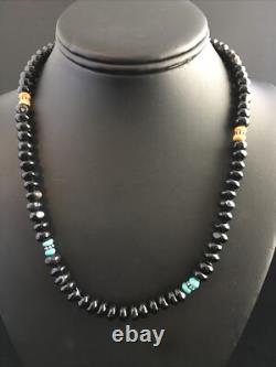 Black Onyx Blue Turquoise Navajo Sterling Silver Necklace 18 10022