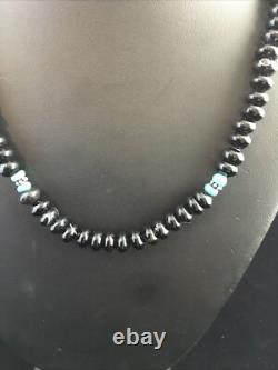 Black Onyx Blue Turquoise Navajo Sterling Silver Necklace 18 10022
