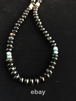 Black Onyx Blue Turquoise Navajo Sterling Silver Necklace 18 10022