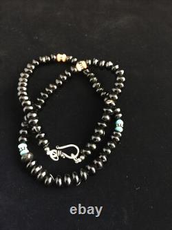 Black Onyx Blue Turquoise Navajo Sterling Silver Necklace 18 10022
