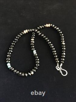 Black Onyx Blue Turquoise Navajo Sterling Silver Necklace 18 10022
