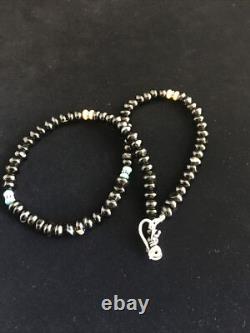 Black Onyx Blue Turquoise Navajo Sterling Silver Necklace 18 10022