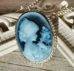 Blue Agate cameo and silver 925 sterling necklace brooch made in Italy, Jewelry