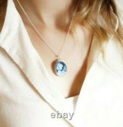 Blue Agate cameo and silver 925 sterling necklace brooch made in Italy, Jewelry