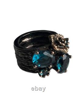 Blue Topaz Black Rhodium Over. 925 Sterling Silver Hand Made Cocktail Ring 6.75