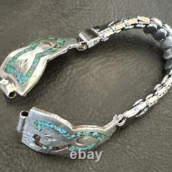 Blue Turquoise Chip Inlay Navajo Sterling Silver Old Pawn Watch Tips 18170