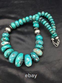 Blue Turquoise Chunky Navajo Sterling Silver Necklace 20 2694