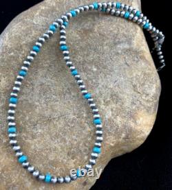 Blue Turquoise Navajo Pearls 4mm Sterling Silver Bead 16 Necklace 94116