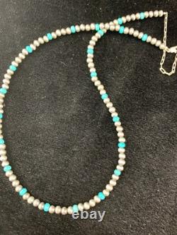 Blue Turquoise Navajo Pearls 4mm Sterling Silver Bead 16 Necklace 94116