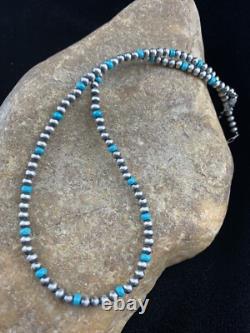 Blue Turquoise Navajo Pearls 4mm Sterling Silver Bead 16 Necklace 94116