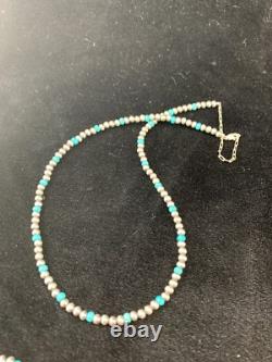 Blue Turquoise Navajo Pearls 4mm Sterling Silver Bead 16 Necklace 94116