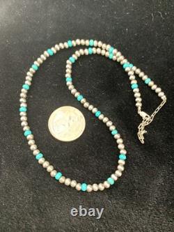 Blue Turquoise Navajo Pearls 4mm Sterling Silver Bead 16 Necklace 94116