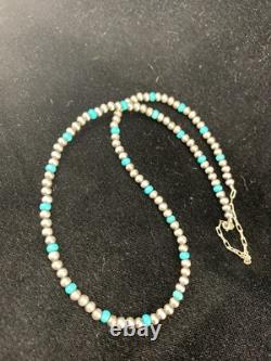 Blue Turquoise Navajo Pearls 4mm Sterling Silver Bead 16 Necklace 94116