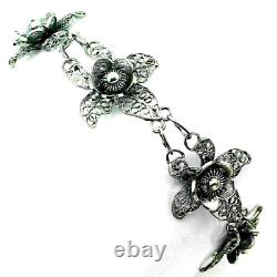 Bracelet Black Oxidised Artisan Made Flower Design Solid Sterling Silver 8 1/2