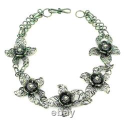 Bracelet Black Oxidised Artisan Made Flower Design Solid Sterling Silver 8 1/2