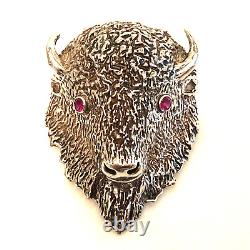 Buffalo Head Sterling Silver Brooch Native American Hand Made Fine Crafting RARE