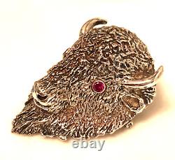 Buffalo Head Sterling Silver Brooch Native American Hand Made Fine Crafting RARE